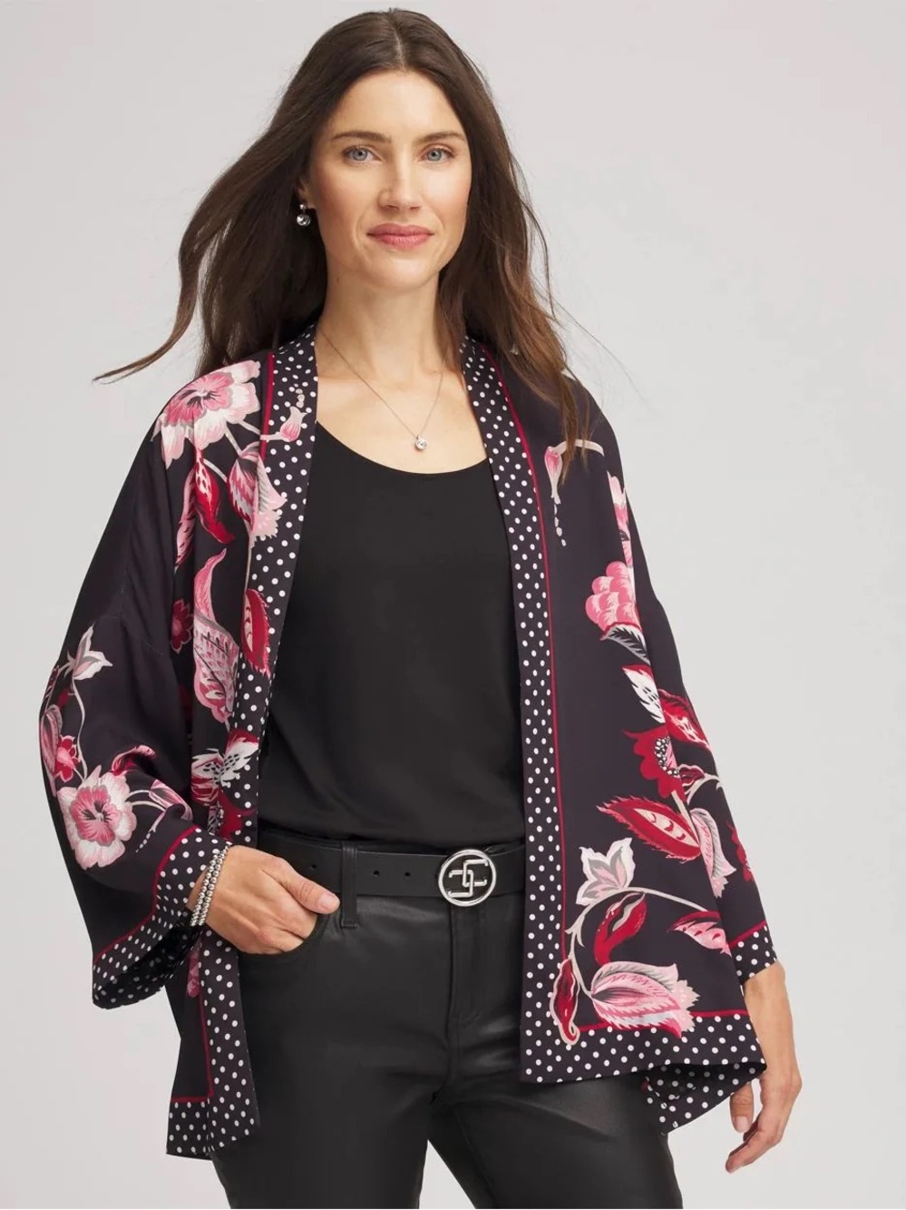 Chico’s Black & Pink Floral Open Front Short Women's Kimono